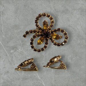 Vintage Rhinestone Bow Brooch & Clip-On Earring Gold tone topaz brown tone